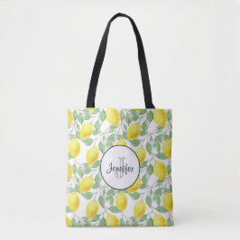 Gele emons met Groene Bladeren Patroonmonogram Tote Bag