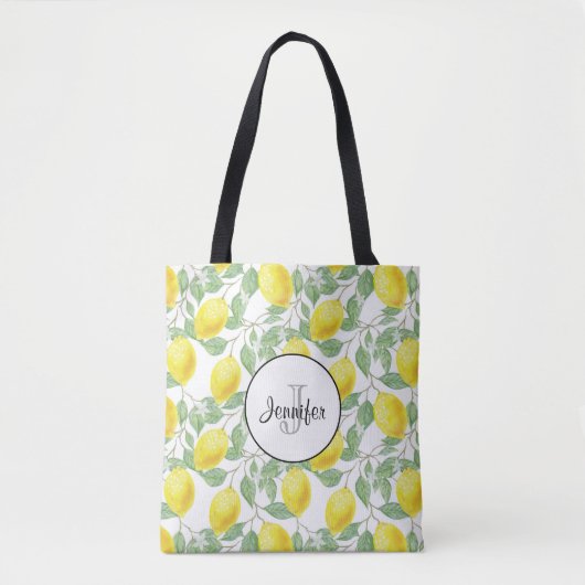 Gele emons met Groene Bladeren Patroonmonogram Tote Bag (Voorkant)