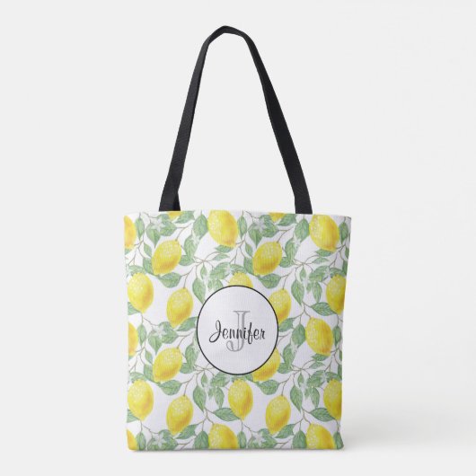 Gele emons met Groene Bladeren Patroonmonogram Tote Bag (Achterkant)