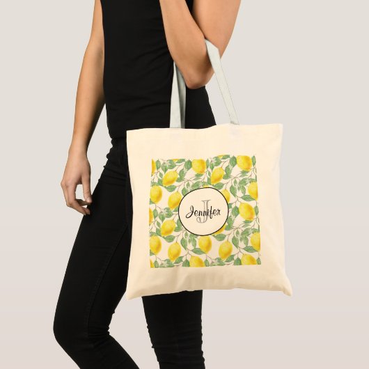 Gele emons met Groene Bladeren Patroonmonogram Tote Bag (Voorkant (product))