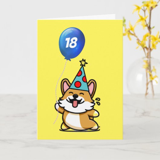 Gele en blauwe ballon Corgi Birthday Kaart (Gele Bloem)