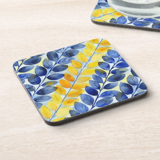 Gele en blauwe bladeren bier onderzetter (Linkerzijde)