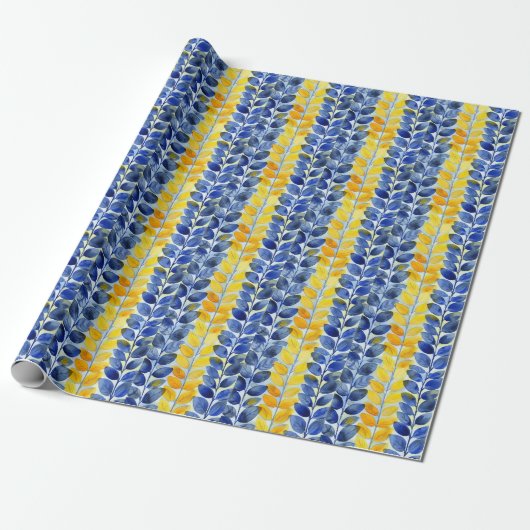 Gele en blauwe bladeren cadeaupapier (Uitgerold)