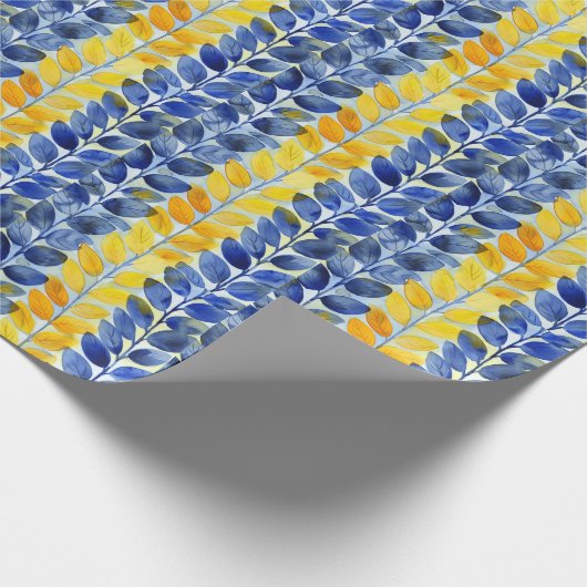 Gele en blauwe bladeren cadeaupapier (Hoek)