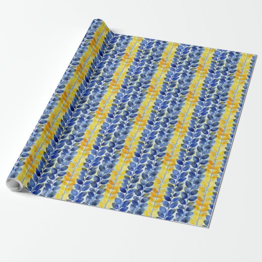 Gele en blauwe bladeren cadeaupapier (Uitgerold)