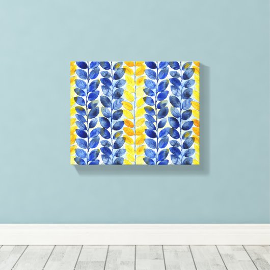 Gele en blauwe bladeren canvas afdruk (Insitu (Houten vloer))