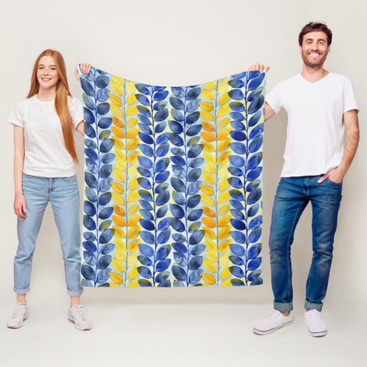 Gele en blauwe bladeren fleece deken (In situ)