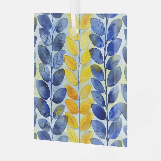 Gele en blauwe bladeren glas ornament (Voorkant links)