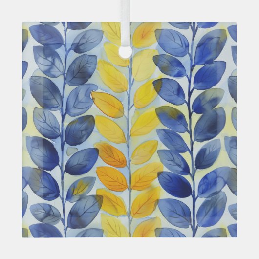 Gele en blauwe bladeren glas ornament (Voorkant)
