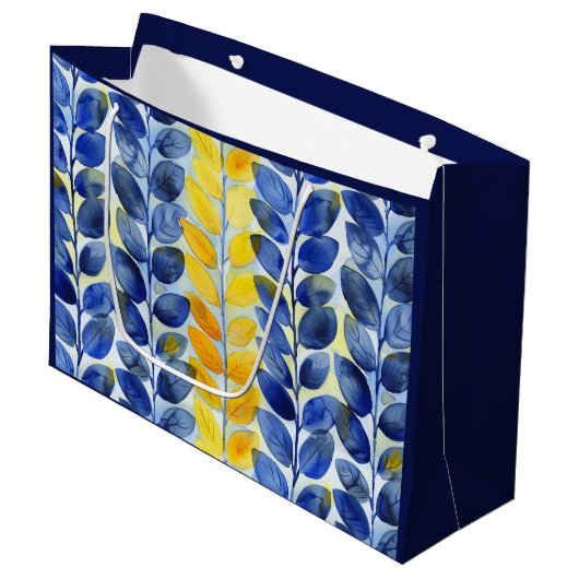 Gele en blauwe bladeren groot cadeauzakje (Voorkant Gekanteld)