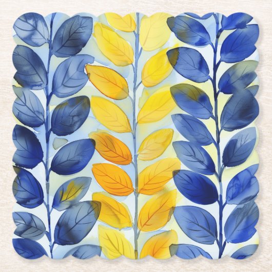 Gele en blauwe bladeren kartonnen onderzetters (Voorkant)
