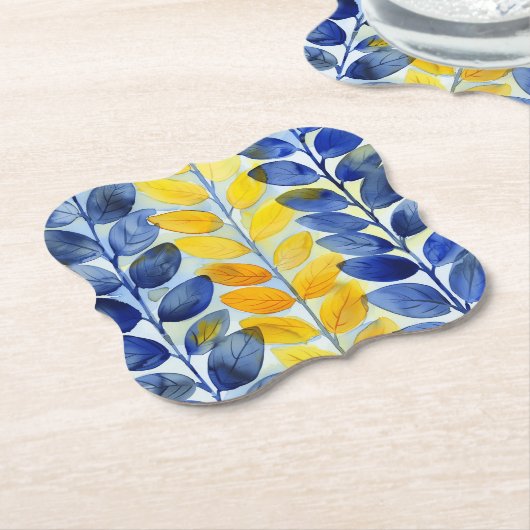 Gele en blauwe bladeren kartonnen onderzetters (Gekanteld)
