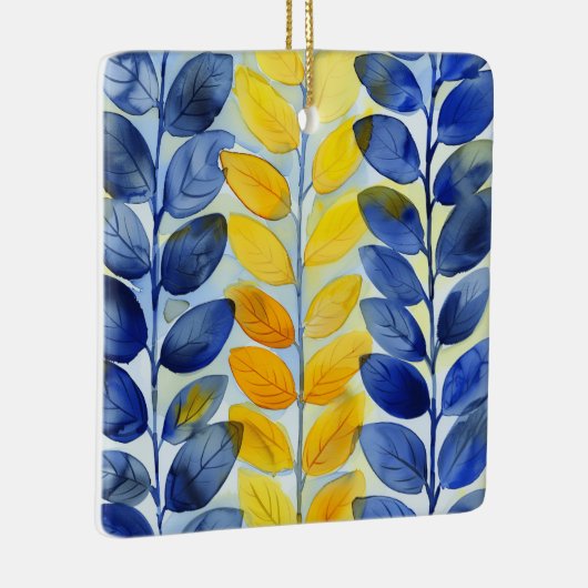 Gele en blauwe bladeren keramisch ornament (Rechts)