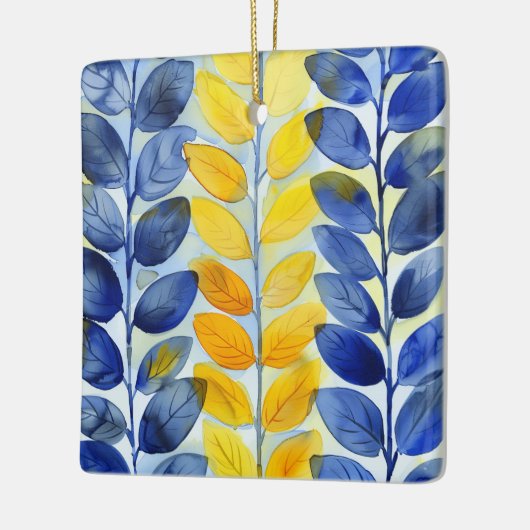 Gele en blauwe bladeren keramisch ornament (Links)