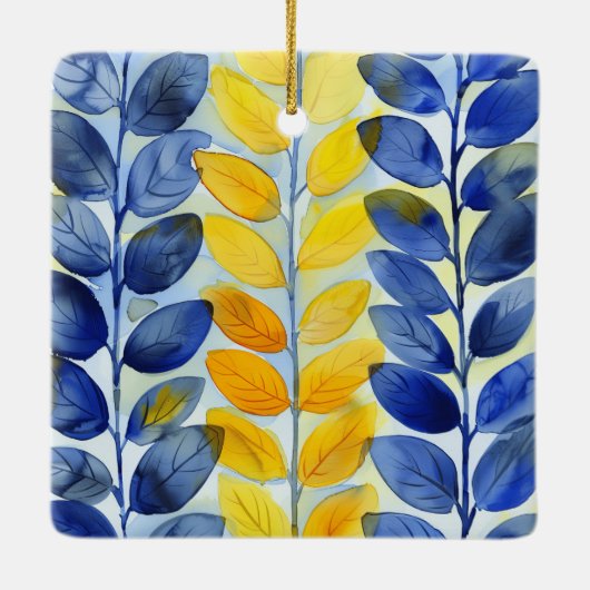 Gele en blauwe bladeren keramisch ornament (Achterkant)