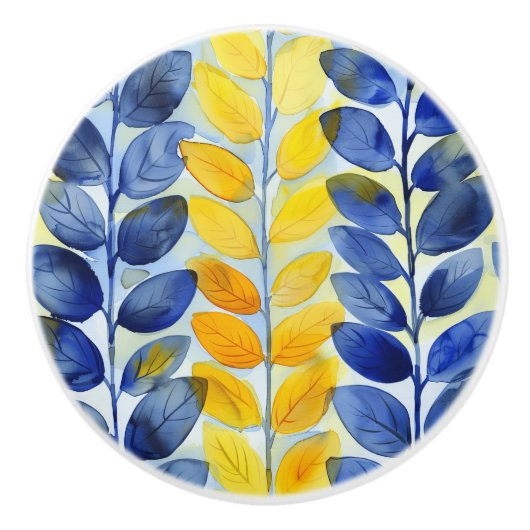 Gele en blauwe bladeren keramische knop (Voorkant)