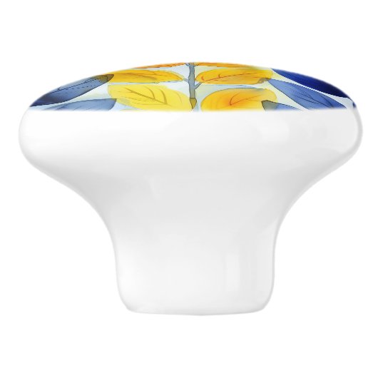 Gele en blauwe bladeren keramische knop (Zijkant)
