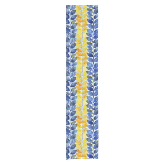 Gele en blauwe bladeren korte tafelloper (Voorkant)