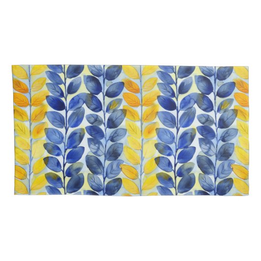 Gele en blauwe bladeren kussensloop (Achterkant-Rechts)