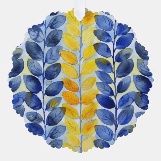 Gele en Blauwe Bladeren Ornament Kaart (Voorkant)