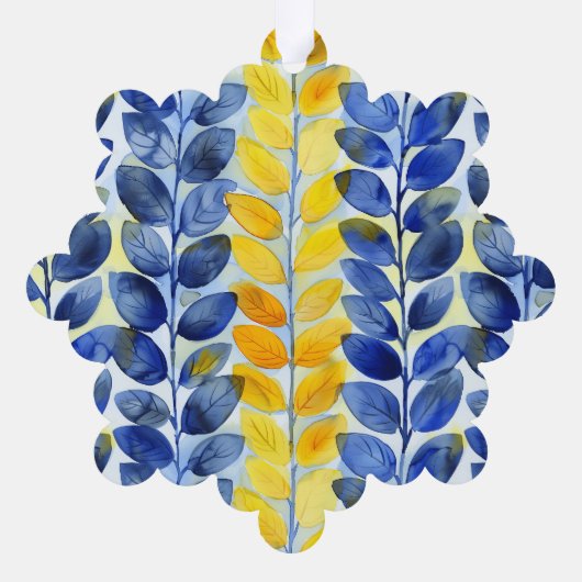 Gele en Blauwe Bladeren Ornament Kaart (Achterkant)