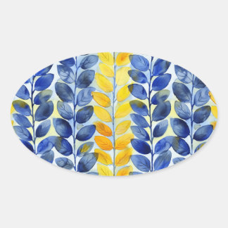 Gele en blauwe bladeren ovale sticker