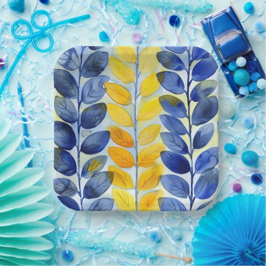 Gele en blauwe bladeren papieren bordje (Feest)