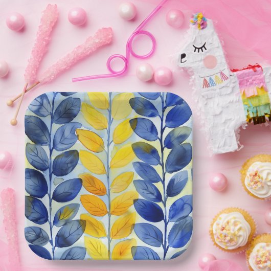 Gele en blauwe bladeren papieren bordje (Feest)