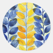 Gele en blauwe bladeren ronde sticker (Voorkant)
