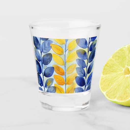 Gele en blauwe bladeren shot glas (Voorkant)
