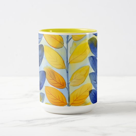 Gele en blauwe bladeren tweekleurige koffiemok (Center)