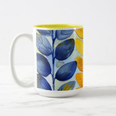 Gele en blauwe bladeren tweekleurige koffiemok (Links)