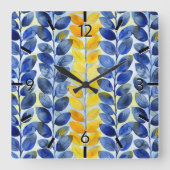 Gele en blauwe bladeren vierkante klok (Voorkant)