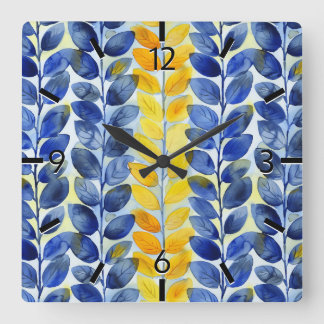 Gele en blauwe bladeren vierkante klok