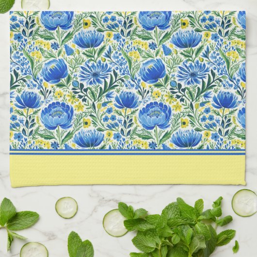 Gele en blauwe bloemen theedoek (Gevouwen)