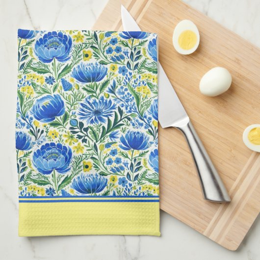 Gele en blauwe bloemen theedoek (Quarter Fold)