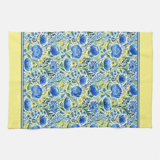 Gele en blauwe bloemen theedoek (Horizontaal)