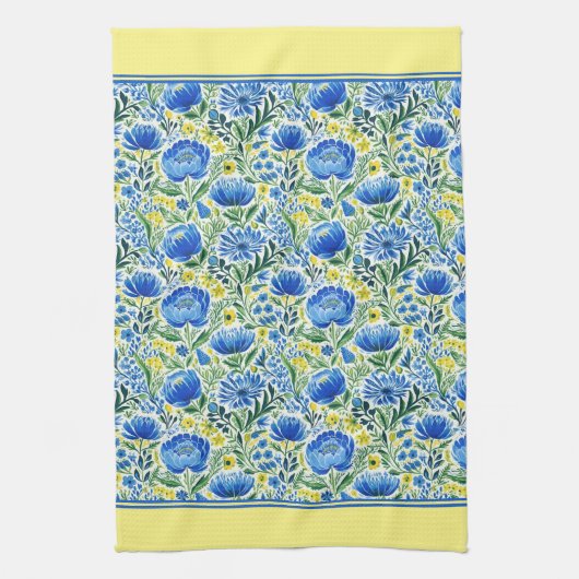 Gele en blauwe bloemen theedoek (Verticaal)