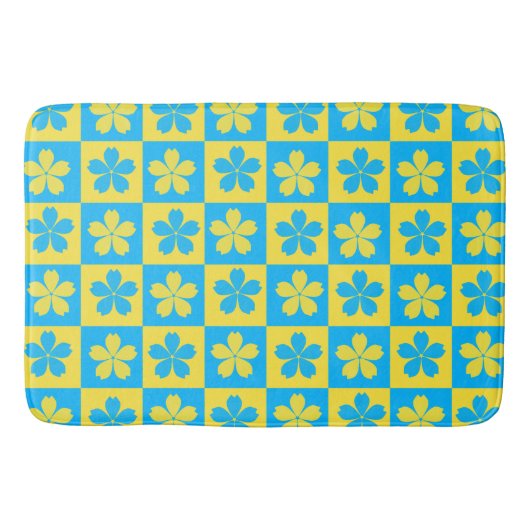 Gele en blauwe bloemige geruite plank badmat (Voorkant)