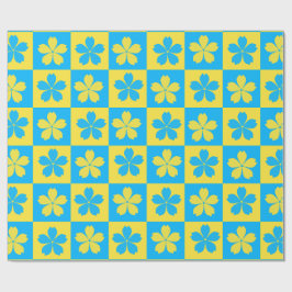 Gele en blauwe bloemige geruite plank cadeaupapier