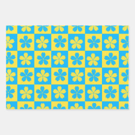 Gele en blauwe bloemige geruite plank inpakpapier vel