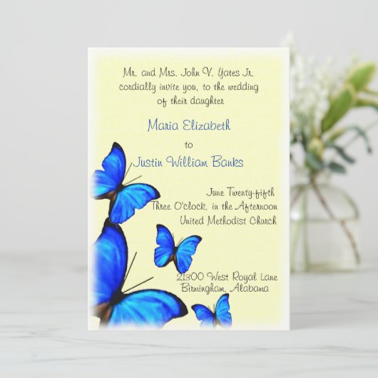 gele en blauwe bruiloft uitnodiging (Staand voorkant)