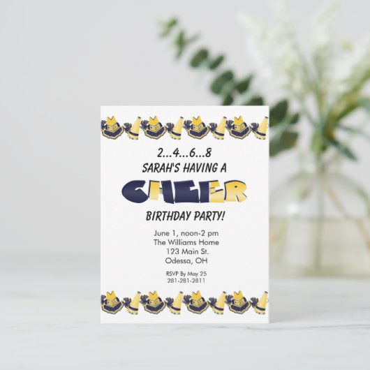 Gele en blauwe Cheerleader Birthday Uitnodiging (Staand voorkant)