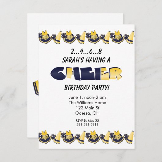 Gele en blauwe Cheerleader Birthday Uitnodiging (Voorkant / Achterkant)