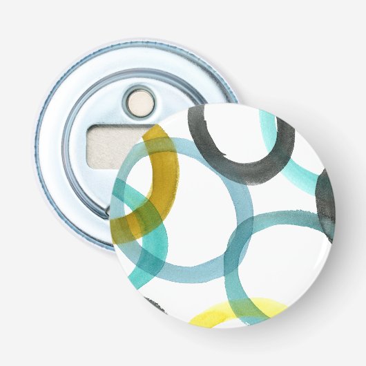 Gele en blauwe cirkels met elkaar verbinden button flesopener (Voorkant)