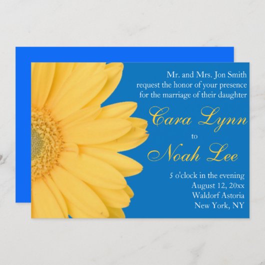 Gele en blauwe Gerber Daisy Wedding Invitation Kaart (Voorkant / Achterkant)