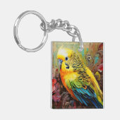 Gele en blauwe parkiet met Paisley en bloemen Sleutelhanger (Voorkant Links)