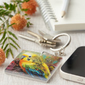 Gele en blauwe parkiet met Paisley en bloemen Sleutelhanger (Voorkant Rechts)