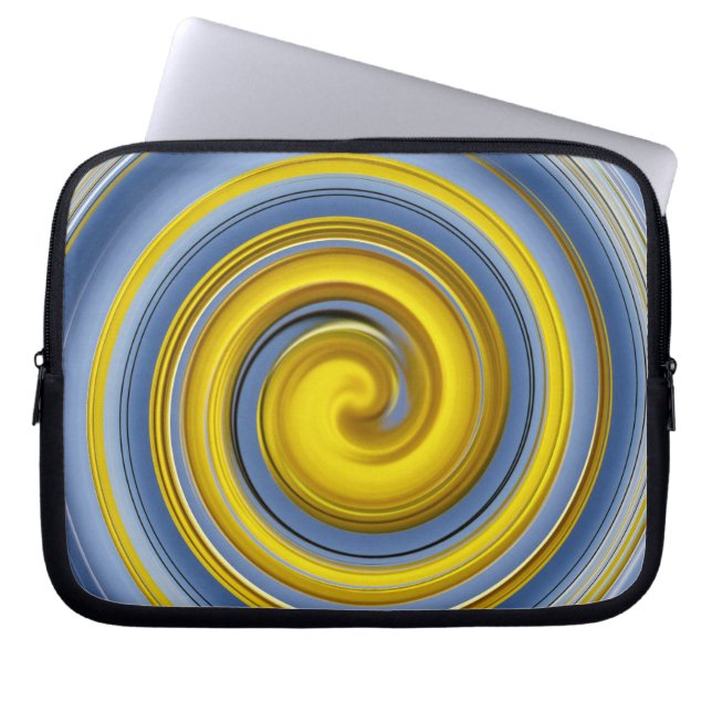Gele en blauwe spiraal laptop sleeve (Voorkant)