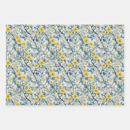 Gele en blauwe takken en bloesems inpakpapier vel (Voorkant 3)